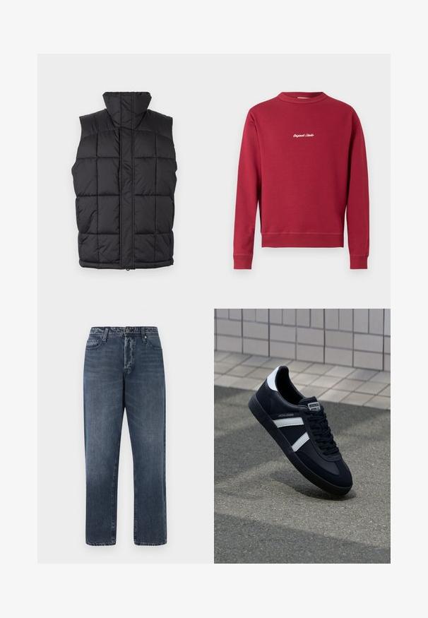 Schwarze Steppweste mit hohem Kragen, gestepptem Textur und Reißverschluss vorne. Ohne Ärmel und mit horizontalen Nähte für Isolation.; Burgunderfarbener Sweatshirt aus Baumwollmischung mit Rundhalsausschnitt, gerippten Bündchen und Saum. Auf der Vorderseite befindet sich der weiße gestickte Text "Original Studio".; Jack & Jones Loose-fit JJIEDDIE JJORIGINAL SQ 227 - Baggy Jeans - blue denim; Schwarze Leder-Sneaker mit weißen Streifen, strukturiertem Gummisohle und Schnürung. Verfügt über ein Markenetikett auf der Zunge.