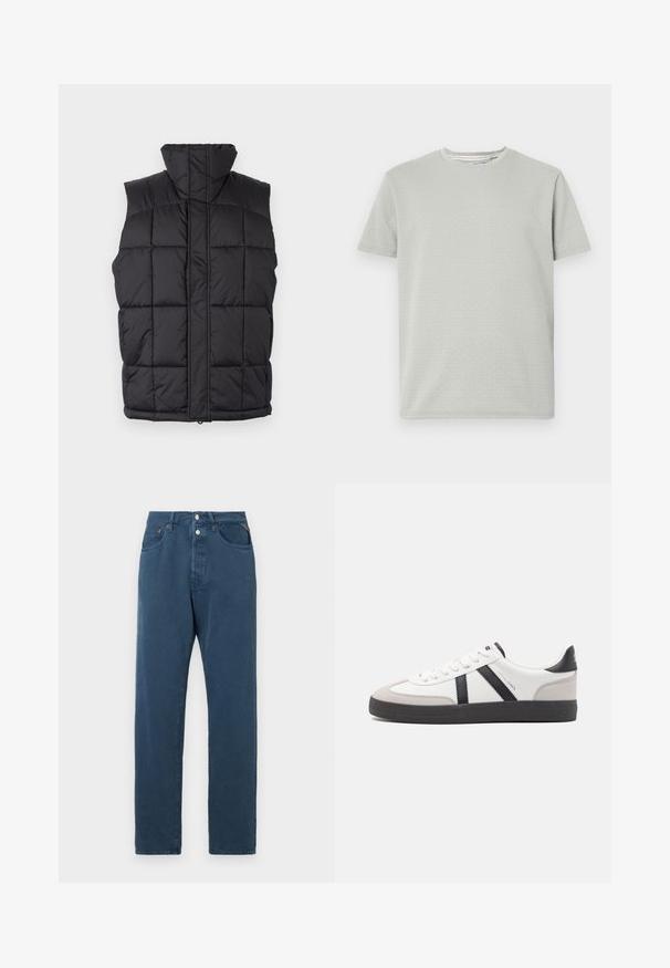 Must värvitu puffer vest kõrge kraega, ühepoolselt tikkimiseks, ees lukuga. Ilma varrukateta, horisontaalselt õmmeldud triipudega soojuse säilitamiseks.; Heled hõbedane lühikeste varrukate T-särk, millel on tekstuuriga muster, ümmargune kaelus ja sirge äär. Valmistatud pehmest, hingavast kangast.; Sinised teksad sirge lõikega, kõrge vöökoha, kahe esipocketi ja nööbiga sulgemisega. Kangas näeb välja sile ja ilma kaunistusteta.; Valged tossud mustade ja hallide aktsentidega, tekstureeritud halli varbakattega, musta kummitald ja lamedad valged paelad. Puhtad jooned, minimalistlik stiil.