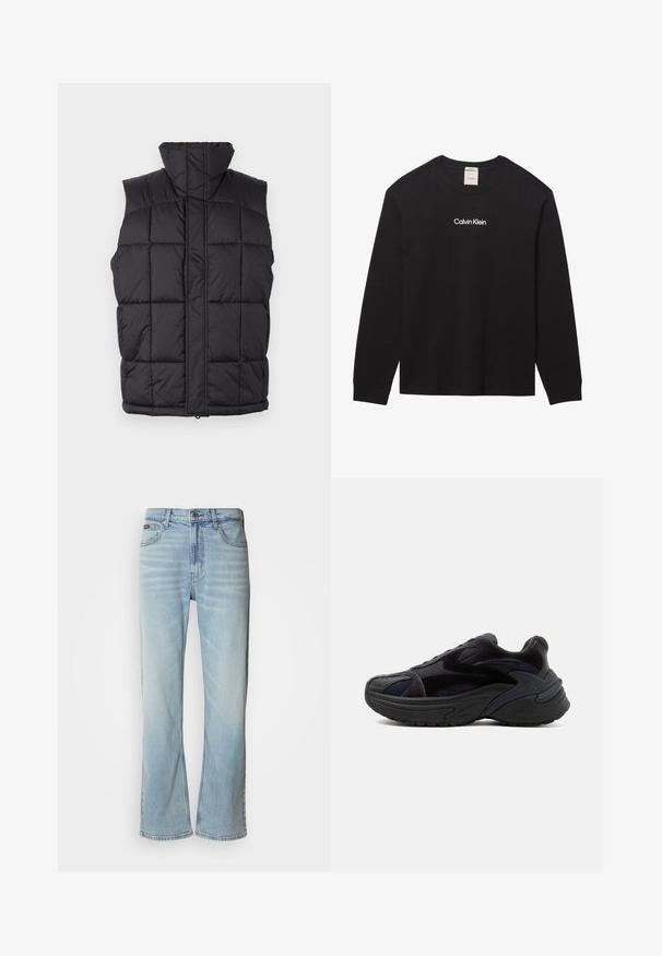 Schwarze Steppweste mit hohem Kragen, gestepptem Textur und Reißverschluss vorne. Ohne Ärmel und mit horizontalen Nähte für Isolation.; Schwarzes Langarmshirt mit Rundhalsausschnitt und weißem Text "Calvin Klein" in der vorderen Mitte.; Hellblaue Jeans aus Denim mit geradem Bein, ausgestattet mit fünf Taschen, einem Knopfverschluss und subtilen Verwaschungen im Stoff.; Schwarzer klobiger Sneaker mit dicker Sohle, Wildleder- und Mesh-Einsätzen sowie strukturierten Designdetails an Seite und Zehenbereich.