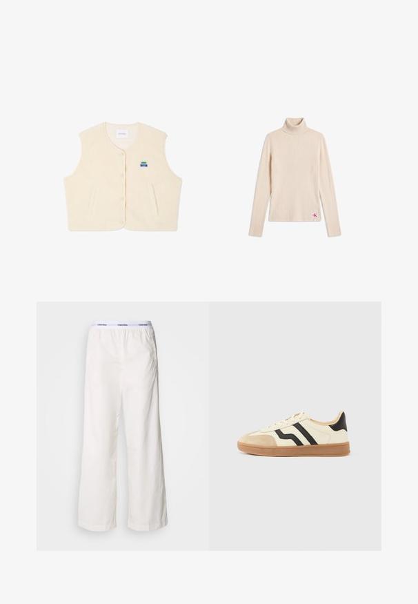 Fleece vest in crème kleur met een ronde halslijn, voor knopen en twee zijzakken. Voorzien van een klein kleurrijk logo op de borst.; Beige geribde trui met lange mouwen en een col, voorzien van een klein logo-stiksel vlakbij de onderzoom op een witte achtergrond.; Witte wijde broek met een elastische tailleband met een contrasterend Calvin Klein-logo. Gemaakt van gladde stof, bieden ze een ontspannen fit.; Vetersneakers met een crèmekleurig bovenwerk met zwarte strepen en een suède neuskapje, gecombineerd met een bruine rubberen zool.