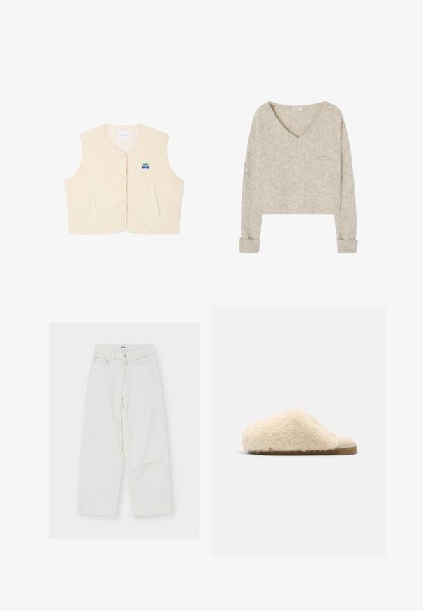 Gilet en polaire de couleur crème avec un col rond, des boutons à l'avant et deux poches latérales. Il comporte un petit logo coloré sur la poitrine.; Pull en maille beige clair avec col en V, manches longues, poignets et bas côtelés, présenté à plat sur fond blanc.; Jean blanc taille haute à jambes larges avec fermeture avant par bouton et zip, passants de ceinture et deux poches avant, posé à plat sur fond blanc.; Shepherd Chaussons - creme