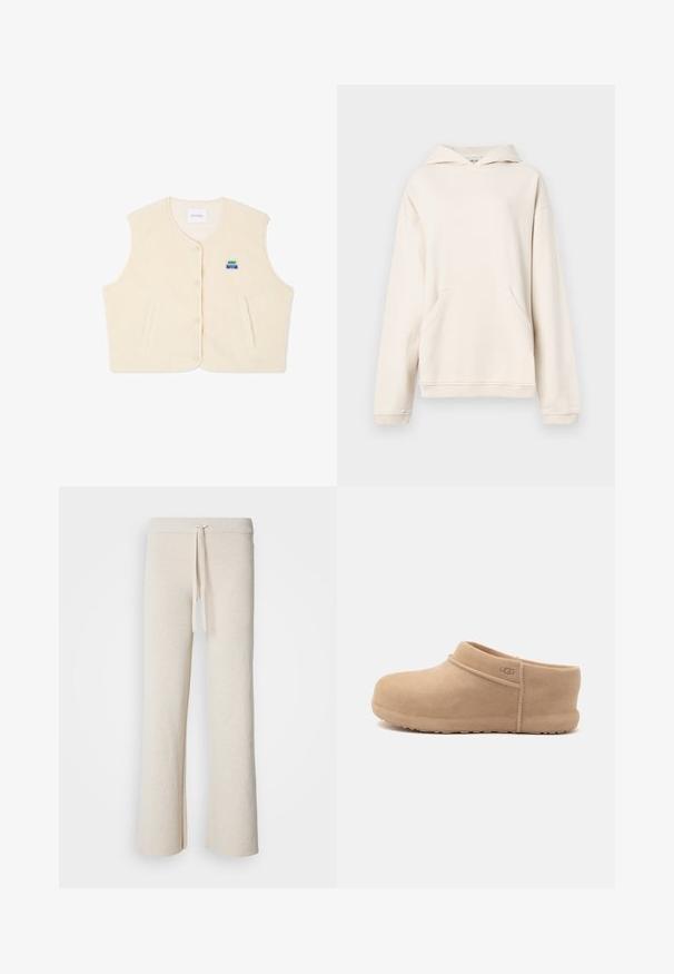 Fleece vest in crème kleur met een ronde halslijn, voor knopen en twee zijzakken. Voorzien van een klein kleurrijk logo op de borst.; Beige pullover hoodie met kangoeroezak, ribgebreide boorden en een relaxte pasvorm, weergegeven tegen een effen lichtgrijze achtergrond.; Beige wijde broek gemaakt van zachte stof, met een elastische tailleband met een trekkoord en zijsplitten aan de onderkant.; Lichtbruine suède instapslof met lage hak en UGG-logo aan de zijkant, afgebeeld tegen een effen witte achtergrond.