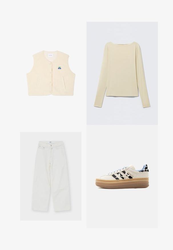 Fleece vest in crème kleur met een ronde halslijn, voor knopen en twee zijzakken. Voorzien van een klein kleurrijk logo op de borst.; Beige langärmeliges nauwsluitend shirt mit einem Boot-Ausschnitt, flach auf einem hellen Hintergrund liegend.; Witte high-waist jeans met wijde pijpen, voorzien van een knoop- en ritssluiting aan de voorkant, riemlussen en twee voorzakken, plat gelegd op een witte achtergrond.; Off-white Adidas Gazelle sneaker met lichtblauwe veters, zwart-wit gestreept patroon en drievoudige beige gestapelde zool.