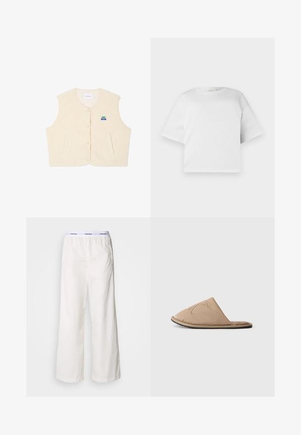 Fleece vest in crème kleur met een ronde halslijn, voor knopen en twee zijzakken. Voorzien van een klein kleurrijk logo op de borst.; Wit cropped t-shirt gemaakt van zachte katoen, met een ronde hals en korte, wijde mouwen. Eenvoudig, strak ontwerp zonder zichtbare patronen.; Witte wijde broek met een elastische tailleband met een contrasterend Calvin Klein-logo. Gemaakt van gladde stof, bieden ze een ontspannen fit.; Licht beige instapper met een gepolsterde bovenkant, voorzien van decoratieve stiksels en een platte rubberen zool, ontworpen voor comfort en gebruiksgemak.