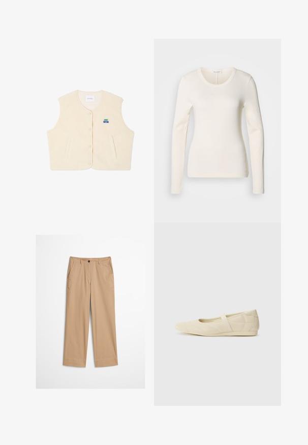 Fleece vest in crème kleur met een ronde halslijn, voor knopen en twee zijzakken. Voorzien van een klein kleurrijk logo op de borst.; Langarm, crèmekleurig shirt van zacht materiaal. Heeft een ronde halslijn en een aansluitende silhouet, met minimale stikdetails.; Beige katoenen broek met rechte pijpen, een knoopsluiting aan de voorkant en een gladde textuur. Voorzien van standaard riemlussen en een platte voorkant.; Beige ballerina's met een gladde leren buitenkant, amandelvormige punt en elastische band over de wreef, met subtiele stiksels.