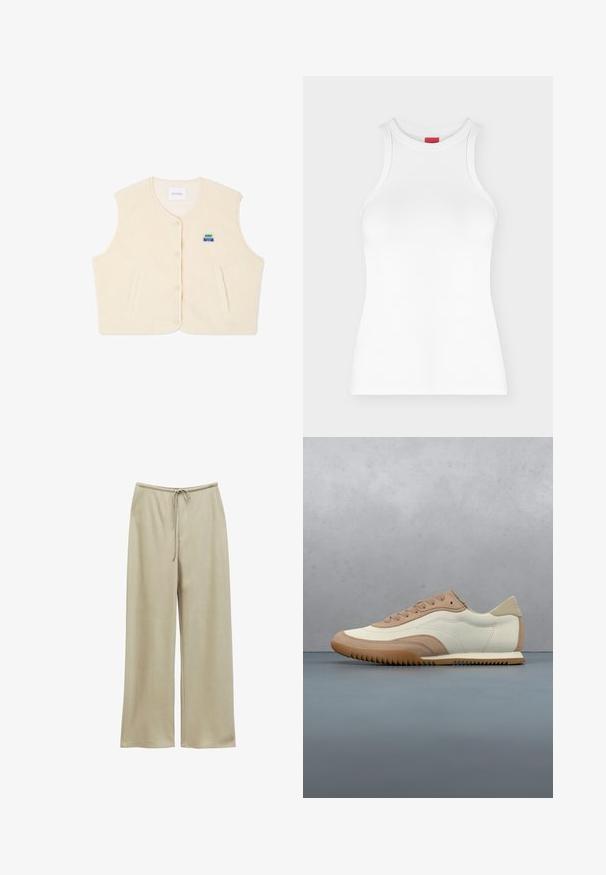 Kreem värvi fliisvest ümara kaelusega, ees nuppudega ja kahe külje taskuga. Ees on väike värviline logo rinna piirkonnas.; Valge varrukateta soonikkoes tanktop, kõrge ümara kaelusega ja kehakujuline, kujutatud lihtsal heledal taustal.; Beežid laiad püksid elastse vöökohaga ja tõmbelindiga, sile kangas, nähtavad taskud ega mustrid puuduvad, valgel taustal lamavalt esile toodud.; Kreemikas ja helepruun vabaajajalats tekstuurse pealiskihi, paelte ja kummist tallaga, esitatud puidust pinna ja kivikestega taustal.