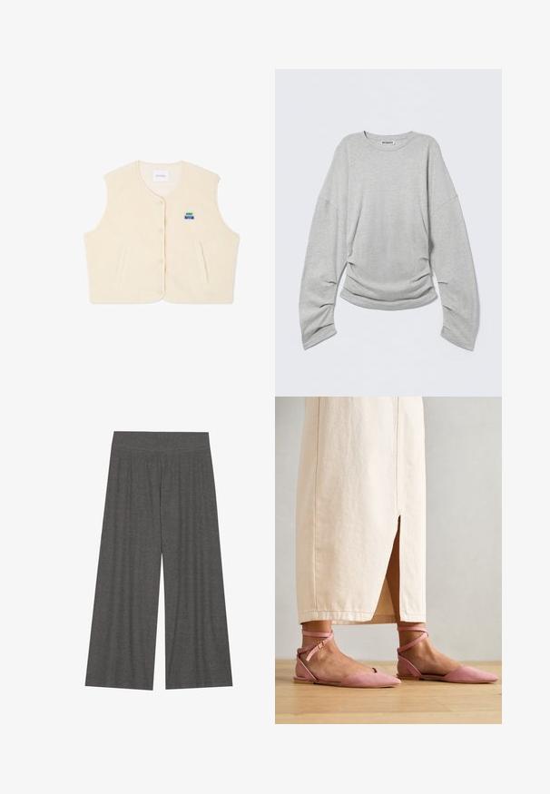 Fleecevest i cremet farve med rund halsudskæring, forreste knapper og to sidelommer. Har et lille farverigt logo på brystet.; Lysegrå langærmet t-shirt med afslappet pasform, rund halsudskæring og detaljer med rynker i siden, lavet af blødt bomuldsstof.; Grå bredbukser med et tekstureret ribbet mønster og en elastisk talje. Stoffet ser blødt og let ud, velegnet til afslappet brug.; Pink suede flade sandaler med spids tå, ankelrem og en lille guldkæde, parret med en beige knælængde nederdel.