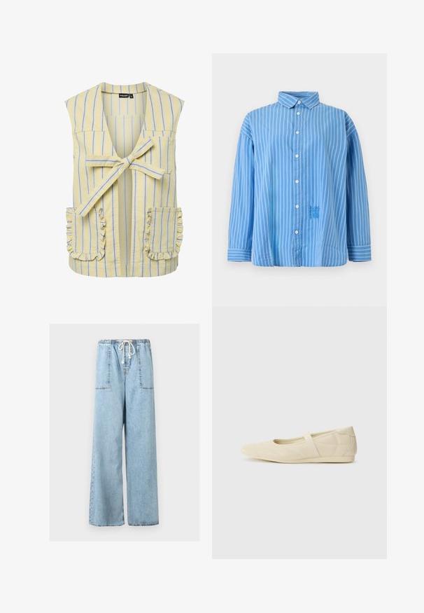 Gilet jaune sans manches avec des rayures verticales bleues, un lien à nouer à l'avant, une poche poitrine et deux poches latérales à volants.; Chemise bleue à manches longues avec boutons, rayures blanches verticales, col pointu et détail floral brodé sur le bas devant.; Pantalon en denim bleu clair à jambes larges avec taille élastique et cordon blanc, présentant de grandes poches plaquées à l'avant.; Ballerines beiges avec une exterior en cuir lisse, un bout en forme d'amande et une sangle élastique sur le coup de pied, avec des détails de couture subtils.