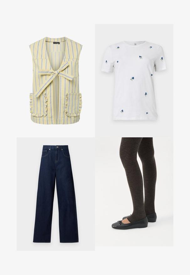 Gilet jaune sans manches avec des rayures verticales bleues, un lien à nouer à l'avant, une poche poitrine et deux poches latérales à volants.; T-shirt blanc à manches courtes avec une petite broderie dispersée de fleurs bleues et de tiges vertes, col rond, fond uni.; Jean en denim bleu foncé à jambes larges avec bouton et poches à l'avant, présenté à plat sur fond blanc.; Jambes portant des leggings côtelés foncés associés à des ballerines noires avec de petits détails en nœud sur fond blanc.