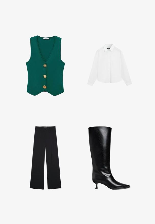 Groene mouwloze vest met een diepe V-hals, drie decoratieve knopen, waaronder een zonmotief, en een textuurstof.; Wit overhemd met lange mouwen en knopen met kraag, plat liggend tegen een witte achtergrond.; Zwarte broek met wijde pijpen, voorzien van ceintuurlussen, een knoopsluiting aan de voorkant en een rits, plat gelegd op een witte achtergrond.; Zwarte leren laars tot de knie met een puntige neus, slank silhouet en een lage blokhak met een glanzende afwerking.