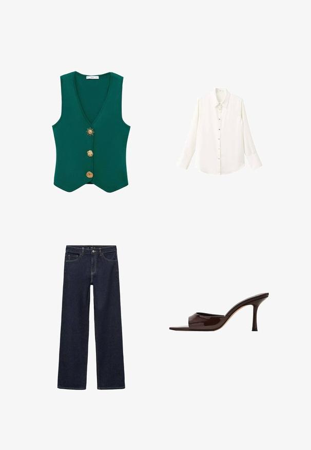 Gilet sans manches vert avec un décolleté en V profond, trois boutons décoratifs, dont un motif de soleil, et un tissu texturé.; Chemise blanche à manches longues avec col classique et fermeture boutonnée à l'avant ; elle est conçue dans un tissu léger et lisse avec un ourlet arrondi.; Jeans en denim brut avec une coupe décontractée. Présentent une taille haute, cinq poches et des coutures contrastées. Design à jambe droite, sans embellissements.; Mule en cuir verni marron foncé, à bout ouvert, avec une large bride et un talon haut fin sur fond blanc.