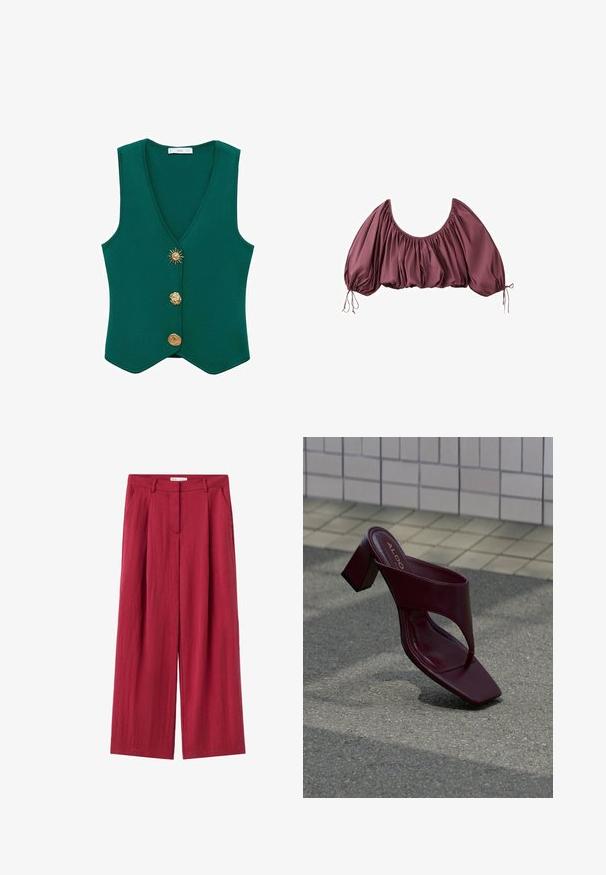 Groene mouwloze vest met een diepe V-hals, drie decoratieve knopen, waaronder een zonmotief, en een textuurstof.; Gecropte, off-shoulder blouse in diep mauve met geplooide stof en elastische pofmouwen, gestrikt aan de polsen.; Broek met hoge taille en wijde pijpen van gestructureerde dieprode stof met verborgen voorsluiting en zijzakken.; Donkerrode sandalen met hoge hak, vierkante neus en brede band, geplaatst op een betegelde en asfalt ondergrond.