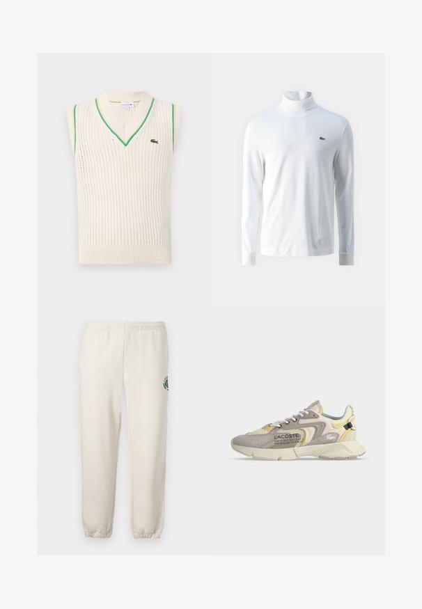 Crèmekleurige mouwloze trui met V-hals, voorzien van groene accenten langs de halslijn en armsgaten. Heeft een ademende textuur en een logo-detail.; Witte lange mouw turtleneck shirt van zachte stof, met een klein groen geborduurd logo op de borst en aansluitende manchetten.; Lichtbeige sweatpants van katoen, met een elastische tailleband, geribde boorden en een groen logo met een bladerenontwerp op het linkerpand.; Beige en crèmekleurige Lacoste-sneaker met mesh- en suède-overlays, witte veters en merktekst aan de zijkant, gezien vanaf de buitenkant.