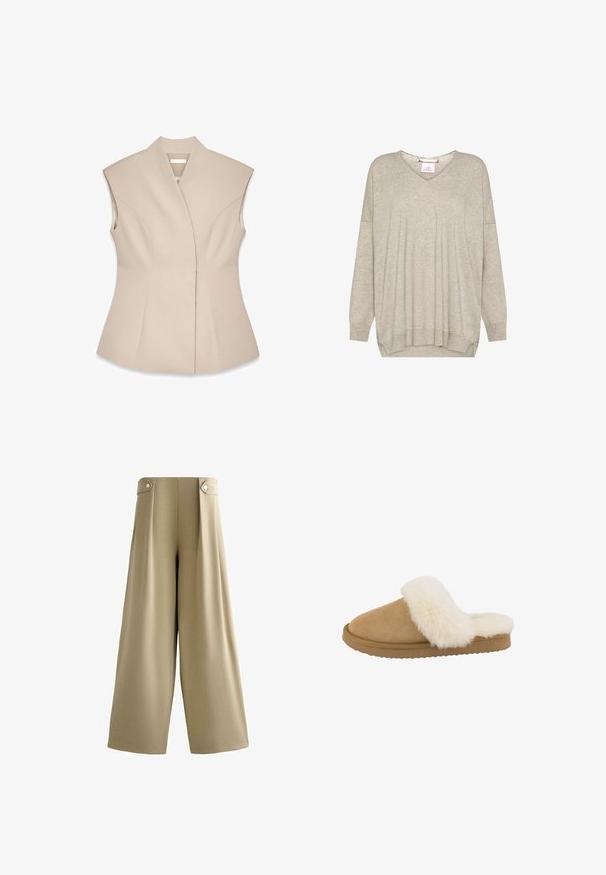 Beige ærmeløs top med en struktureret design, der har en dyb V-udskæring, skræddersyede sømme og en tætsiddende silhuet. Glat, poleret tekstur.; Lysebeige langærmet striktrøje med V-udskæring og ribkanter ved ærmer og bund, med en let løs pasform og faldende skuldersømme.; Beige bukser med vide ben, højtaljede og med knappede stropper på hver side af taljebåndet, glat front og fuld længde benafslutning.; Tan ruskinds slippers med en cremefarvet faux fur krave, rund tå og tekstureret gummisål. Har et slip-on design for nem påføring.