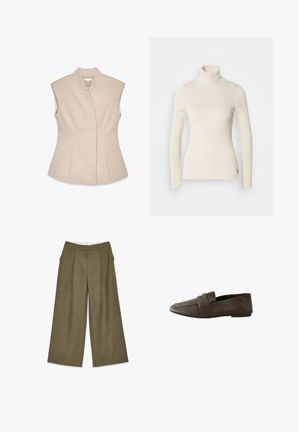 Top sin mangas beige con un diseño estructurado, que presenta un escote en V profundo, costuras entalladas y una silueta ajustada. Textura suave y pulida.; Suéter de cuello alto en crema, hecho de tejido acanalado. Presenta mangas largas, un diseño ajustado y un pequeño logo en el dobladillo. Textura suave.; Pantalones de pierna ancha en tejido verde oliva con un acabado texturizado, que presentan pliegues frontales y un diseño de cintura alta. Sin herrajes visibles.; Mocasín de cuero marrón con punta afilada, tira decorativa y suela baja y plana, mostrado desde el lado exterior sobre un fondo blanco.