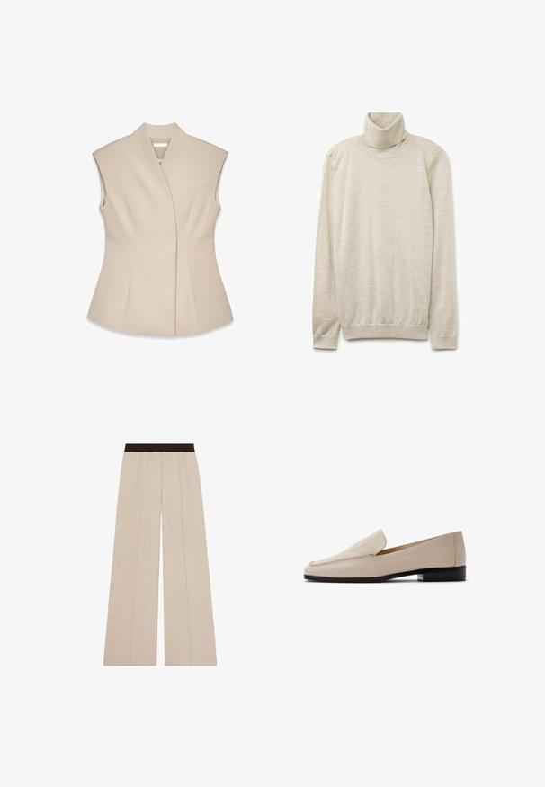 Beige ærmeløs top med en struktureret design, der har en dyb V-udskæring, skræddersyede sømme og en tætsiddende silhuet. Glat, poleret tekstur.; Beige turtleneck sweater i blødt stof, med høj krave, lange ærmer og ribbet kant. Glat tekstur med subtile variationer.; Beige bukser med vide ben og en mørkebrun elastisk talje, med subtile vertikale sømdetaljer.; Beige læderloafers med en glat tekstur, rund tå og minimal syning. Med en lav sort hæl og slip-on design.