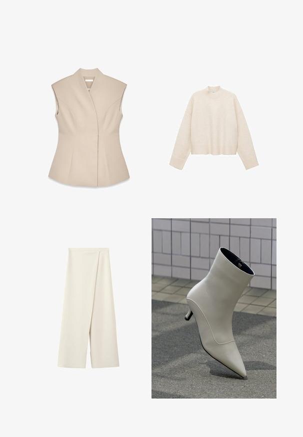 Beige ærmeløs top med en struktureret design, der har en dyb V-udskæring, skræddersyede sømme og en tætsiddende silhuet. Glat, poleret tekstur.; Cremefarvet pullover trøje lavet af blødt stof, med høj hals, sænket skuldre og en cropped design med ribbede kanter.; Kremfarvede bukser med vide ben, høj talje og et fremad overlapningspanel.; Off-white læderankelsko med spids tå og lille stilet hæl, hvilende på udendørs fortov mod flisevæg.