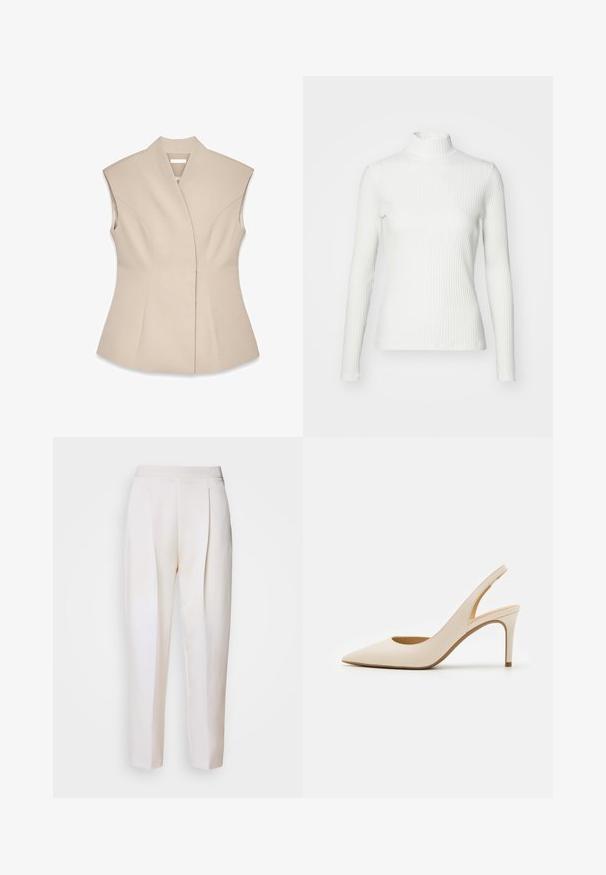 Beige ærmeløs top med en struktureret design, der har en dyb V-udskæring, skræddersyede sømme og en tætsiddende silhuet. Glat, poleret tekstur.; Hvid ribbet turtleneck blouse med lange ærmer, lavet af elastisk stof. Har et tætsiddende design og høj hals for god dækning.; Cremefarvede skræddersyede bukser med en glat tekstur, der har frontfolder og et strømlinet design. Ingen synlige lommer eller hardware.; Beige læder slingback-pumpe med spids tå og en tynd høj hæl. Har en udskæring ved hælen og en glat finish.