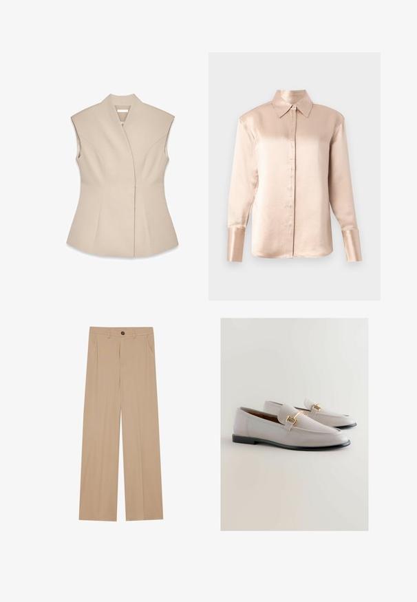 Beige ærmeløs top med en struktureret design, der har en dyb V-udskæring, skræddersyede sømme og en tætsiddende silhuet. Glat, poleret tekstur.; Satinbluse i blød beige med klassisk krave, lange ærmer, knaplukning foran og let oversized pasform. Glat tekstur, minimal detaljering.; Beige brede bukser med en glat tekstur, der har to sidelommer, en frontlukning med knap og diskrete plisseringer for at tilføje detaljer.; Lys grå læder loafers med spids tå, der har en guldtonet metalaccent og en lav sort hæl. Glat tekstur, minimalistisk design.