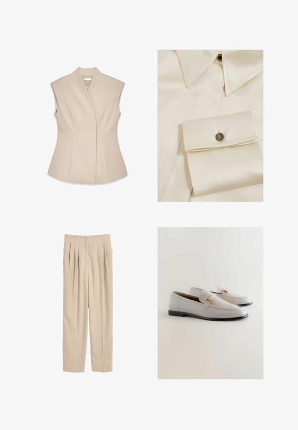 Beige ærmeløs top med en struktureret design, der har en dyb V-udskæring, skræddersyede sømme og en tætsiddende silhuet. Glat, poleret tekstur.; Cremefarvet satin skjorte med spids krave, knaplukning og en manchet med en sort knapdetalje. Glat tekstur og struktureret design.; Beige plisserede bukser med en skræddersyet pasform, lavet af et glat stof, der har et klassisk taljebånd og lige ben.; Lys grå læder loafers med et strømlinet design, der har guldfarvet detaljer og en sort sål. Glat tekstur og spids tåform.