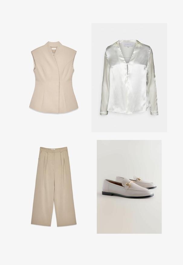 Top sin mangas beige con un diseño estructurado, que presenta un escote en V profundo, costuras entalladas y una silueta ajustada. Textura suave y pulida.; STUDIO ID ALYSSA - Blusa - champagne; Pantalones de pierna ancha color beige con pliegues frontales, bolsillos laterales, pasadores para cinturón y un cierre frontal oculto.; Mocasines de cuero gris claro con punta afilada, que cuentan con un detalle metálico dorado y un bajo tacón negro. Textura suave, diseño minimalista.