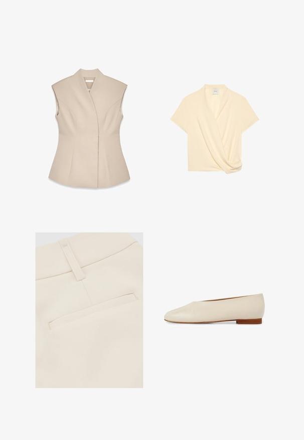 Beige mouwloze top met een gestructureerd ontwerp, voorzien van een diepe V-hals, op maat gemaakte naden en een getailleerde Silhouet. Glad, gepolijst textuur.; Crèmekleurige blouse met korte mouwen, wikkelstijl vooraan en subtiel geplooid detail, met V-hals en lichtgewicht stof.; Close-up van beige stoffen broek met zichtbare stikdetails bij het achterzakje en de lussengordel.; Beige leren platte schoen met een puntige neusdesign, minimalistische vorm en een korte houten hak voor stabiliteit en comfort.