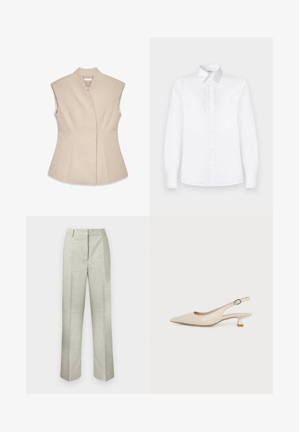 Beige mouwloze top met een gestructureerd ontwerp, voorzien van een diepe V-hals, op maat gemaakte naden en een getailleerde Silhouet. Glad, gepolijst textuur.; Witte lange mouwen shirt van soepel stof, met een kraaglijn en een knoopsluiting met lichtroze knopen.; Lichtgrijze plooibroek van gestructureerde stof, met een recht model en een platte tailleband zonder zichtbare sluitingen.; Beige slingback-schoen met een spits toelopende neus, lage kittenhak en verstelbare zijgesp op een effen witte achtergrond.
