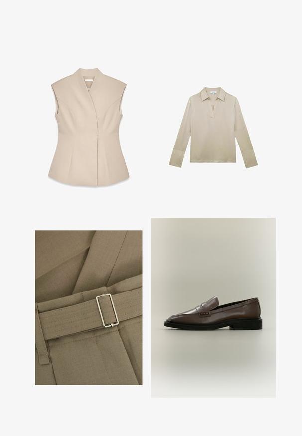Beige ærmeløs top med en struktureret design, der har en dyb V-udskæring, skræddersyede sømme og en tætsiddende silhuet. Glat, poleret tekstur.; Beige bluse med lange ærmer, V-hals og manchetter med knapper, vist på hvid baggrund.; Lysebrune bukser i tekstureret stof med et smalt bælte og en sølvfaret rektangulær spænde, fremhævet af rene syninger.; Brun læderslip-on loafer med sort sål og lav hæl, med en remdetalje over vristen.