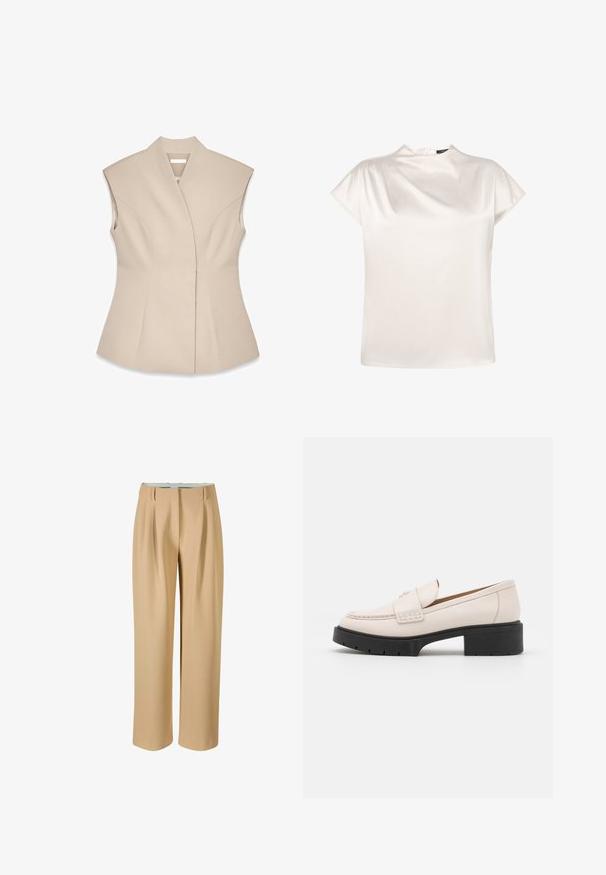 Beige mouwloze top met een gestructureerd ontwerp, voorzien van een diepe V-hals, op maat gemaakte naden en een getailleerde Silhouet. Glad, gepolijst textuur.; zero Blouse - eggnog; Beige wijde broek van een gladde stof, met plooien aan de voorkant en een aansluitende tailleband. Geen zichtbare zakken of versieringen.; Lichtbeige leren loafers met een gestikte voorkant en een textuur met een zwarte plateauhak. Beschikt over een gebogen ontwerp en een lichte verhoging.