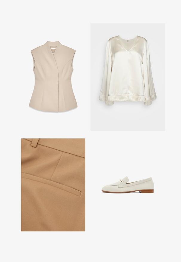 Beige ærmeløs top med en struktureret design, der har en dyb V-udskæring, skræddersyede sømme og en tætsiddende silhuet. Glat, poleret tekstur.; By Malene Birger EXCLUSIVE AVELAS - Bluse - pearl; Nærbillede af beige stof med en vandret paspoleret lomme og syede sømdetaljer på skræddersyet tøj.; Beige læder flad loafer med gulddetalje og tan sål, lav hæl og afrundet firkantet tå, vist fra højre side.