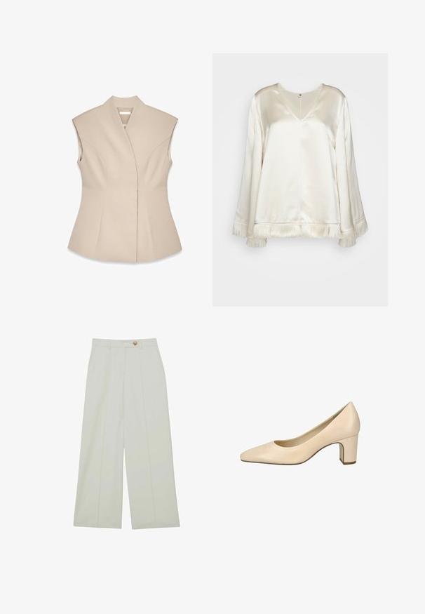 Beige mouwloze top met een gestructureerd ontwerp, voorzien van een diepe V-hals, op maat gemaakte naden en een getailleerde Silhouet. Glad, gepolijst textuur.; By Malene Birger EXCLUSIVE AVELAS - Blouse - pearl; Lichte crèmekleurige wijde broek met knoopsluiting, voorplooien en zijzakken, gemaakt van een gladde stof.; Beige leren midhak pump met een afgeronde vierkante neus en blokhak, afgebeeld op een witte achtergrond.