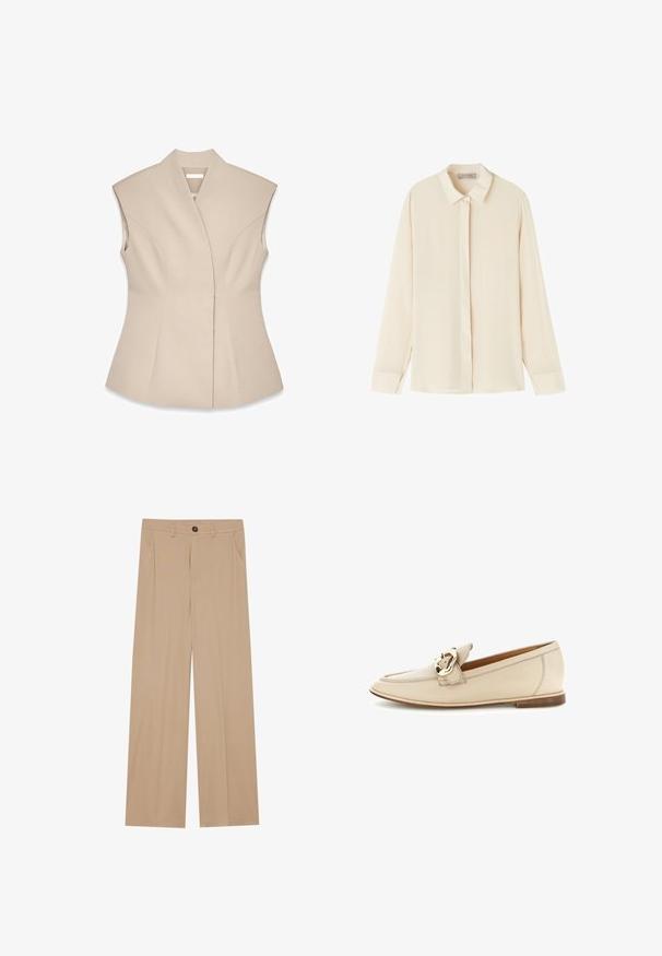 Beige ærmeløs top med en struktureret design, der har en dyb V-udskæring, skræddersyede sømme og en tætsiddende silhuet. Glat, poleret tekstur.; Langærmet, cremet farvet skjorte med knappelukning, spids krave og skjulte knapper, vist på en hvid baggrund.; Beige brede bukser med en glat tekstur, der har to sidelommer, en frontlukning med knap og diskrete plisseringer for at tilføje detaljer.; Beige læderloafer med lav hæl og guldfarvet spænde på overdelen, vist mod en hvid baggrund.
