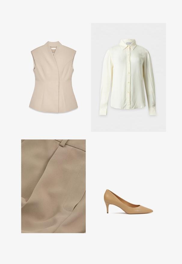 Top sin mangas beige con un diseño estructurado, que presenta un escote en V profundo, costuras entalladas y una silueta ajustada. Textura suave y pulida.; Blusa cremosa de manga larga con cuello puntiagudo y botones delanteros, mostrada sobre un fondo liso sin patrones ni objetos adicionales.; Reiss PETITE FIT - EDEN ELASTICATED WAIST WIDE - Pantalones - mink neutral; Zapato de salón de cuero beige con tacón alto de 5 cm, punta puntiaguda y tacón delgado; textura suave y diseño minimalista sin adornos.