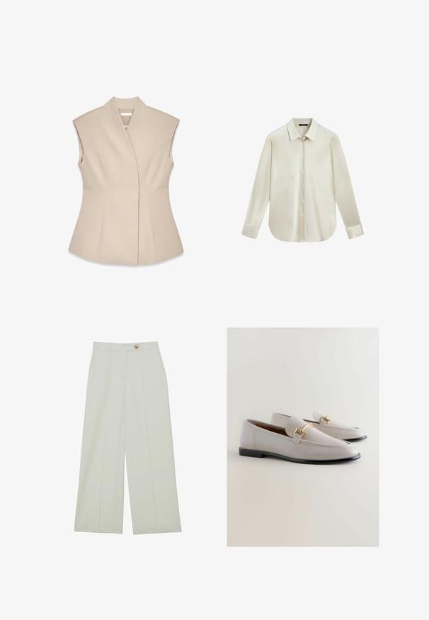 Beige ærmeløs top med en struktureret design, der har en dyb V-udskæring, skræddersyede sømme og en tætsiddende silhuet. Glat, poleret tekstur.; Langærmet cremefarvet skjorte med knapper, spidse kraver og afrundet kant, vist på hvid baggrund.; Bukser med vide ben i en lys cremet farve, med knaplukning, forreste læg og sidelommer, lavet af et glat stof.; Lys grå læder loafers med spids tå, der har en guldtonet metalaccent og en lav sort hæl. Glat tekstur, minimalistisk design.