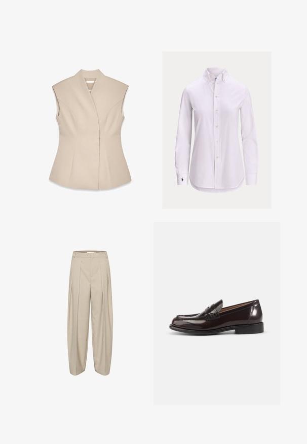 Beige ærmeløs top med en struktureret design, der har en dyb V-udskæring, skræddersyede sømme og en tætsiddende silhuet. Glat, poleret tekstur.; Hvid langærmet skjorte med knapper foran, knappet krave og lille broderet logo på venstre manchet.; Beige vidde benbukser med læg, lavet af tekstureret stof, med høj talje og et rent, skræddersyet design.; Mørkebrune polerede læder herre penny loafer med lav hæl og syningsdetaljer på hvid baggrund.