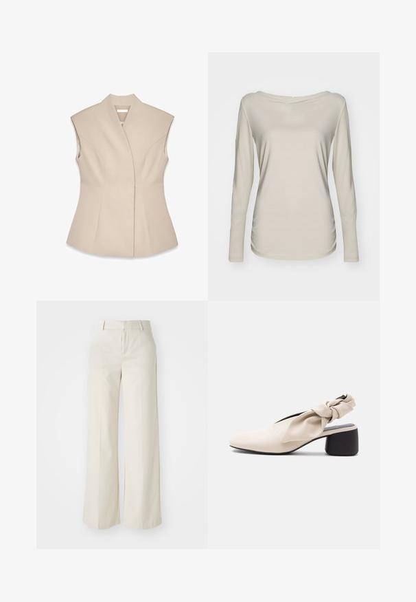 Beige ærmeløs top med en struktureret design, der har en dyb V-udskæring, skræddersyede sømme og en tætsiddende silhuet. Glat, poleret tekstur.; Langærmet beige top med en bred bådhals, lavet af letvægtsstof med en glat tekstur og en tætsiddende form.; Bredde ben-bukser i en lys beige farve, lavet af et glat stof. Har en klassisk talje og flad front med rene linjer.; Beige damesko med lav hæl, spids tå og en snoet remdetalje over vristen og hælen.