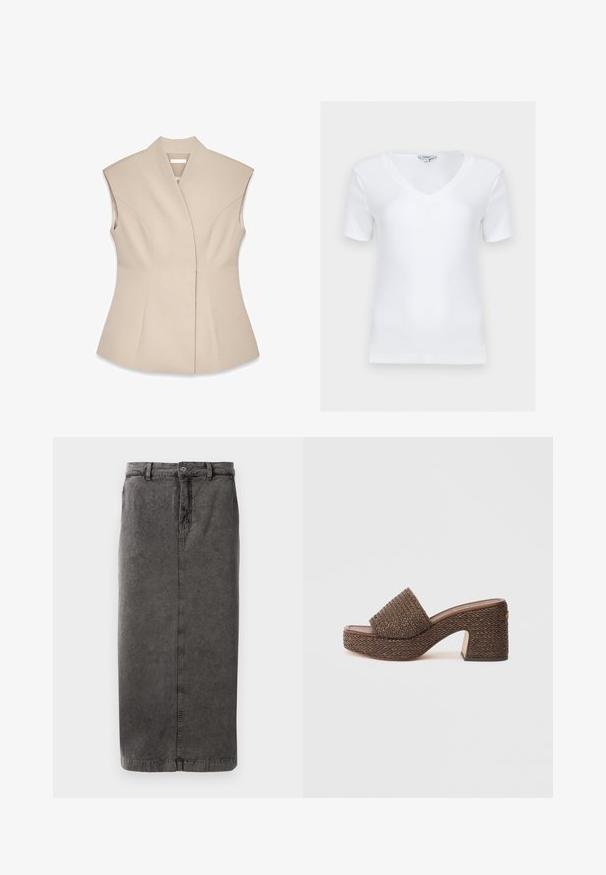 Beige mouwloze top met een gestructureerd ontwerp, voorzien van een diepe V-hals, op maat gemaakte naden en een getailleerde Silhouet. Glad, gepolijst textuur.; Witte geribbelde V-hals top met korte mouwen en aansluitende pasvorm, plat liggend tegen een lichte achtergrond.; Grijze, katoenen rok van een katoenmix met een rechte snit, knoop- en ritsluiting, riemlussen en een enkele achterzak.; Bruine gevlochten platform mule met blokhak en open teen, met een brede gevlochten band over de voet.