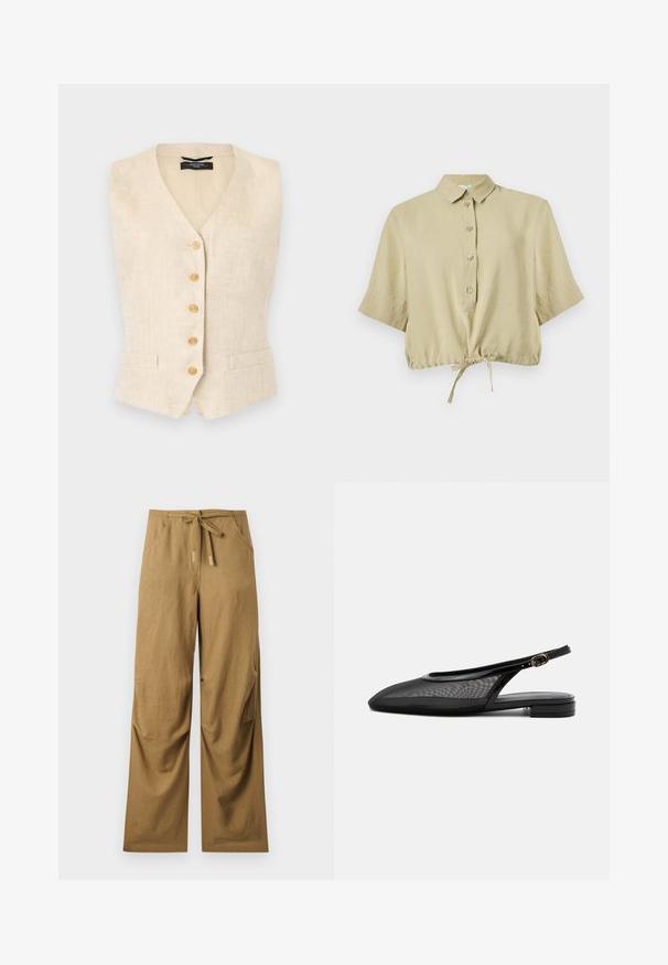 Veste sans manches en lin beige avec cinq boutons en bois sur le devant et deux petites poches avant, coupe ajustée avec col en V.; Chemisier court beige à manches courtes, avec col, patte de boutonnage et lien réglable à l'ourlet, présenté sur fond blanc.; Pantalon marron à jambes larges avec poches avant et ceinture à nouer à la taille, en tissu léger.; Chaussure plate noire à bride arrière, bout pointu, tige en mesh, bride à boucle réglable et petit talon empilé sur fond blanc.