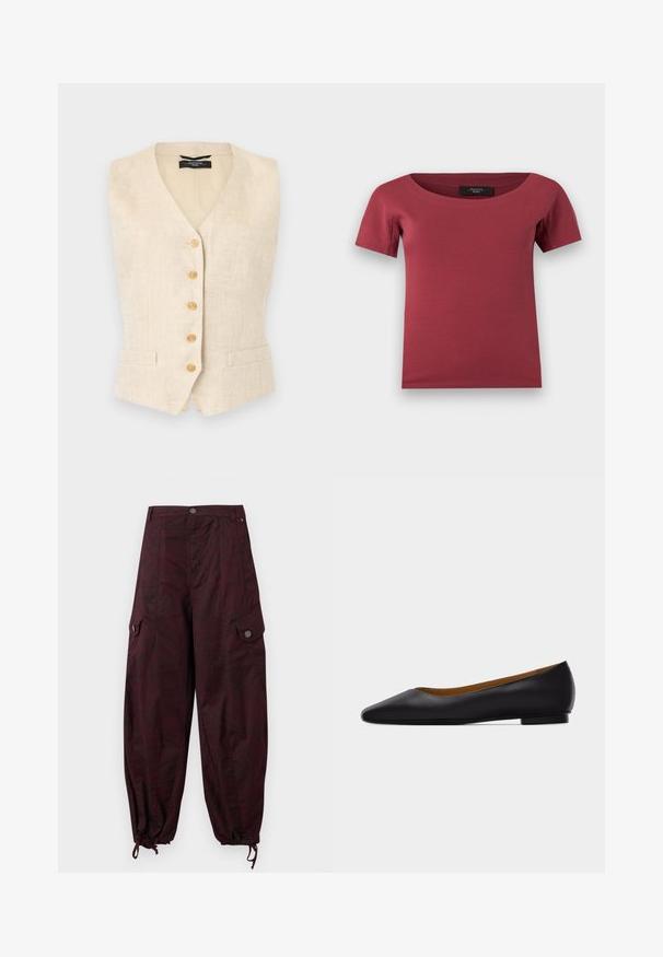 Veste sans manches en lin beige avec cinq boutons en bois sur le devant et deux petites poches avant, coupe ajustée avec col en V.; Haut pour femmes à manches courtes, de couleur rose foncé, avec un large décolleté en arrondi et une coupe ajustée, posé à plat sur un fond blanc.; Pantalon cargo taille haute couleur bordeaux foncé avec poches à rabat, fermetures par boutons, braguette zippée et cordons réglables aux ourlets.; Chaussure plate en cuir noir à bout pointu avec talon bas et finition lisse, vue de côté sur un fond gris clair.