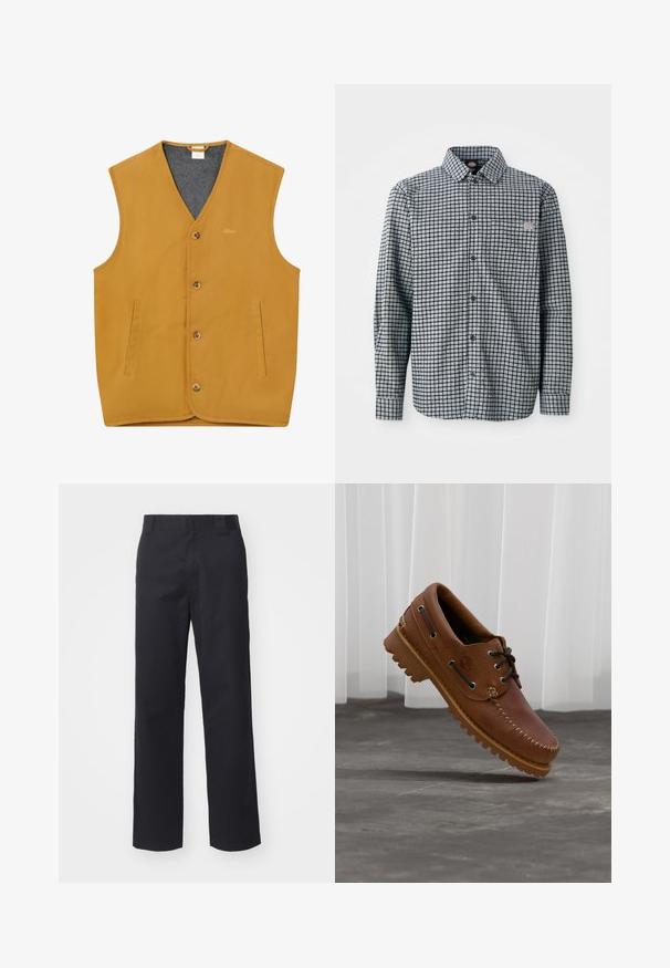 Gilet sans manches jaune moutarde avec boutons sur le devant, deux poches fendues verticales et une doublure intérieure grise, taille XL.; Chemise à manches longues à carreaux noir et blanc, avec col et petite patch logo sur la poche poitrine gauche.; Pantalons droits noirs en tissu en mélange de coton. Présentent une taille plate avec passants de ceinture et sans matériel ou embellissements visibles.; Chaussure de bateau en cuir marron avec des lacets noirs, des coutures beiges et une semelle robuste, suspendue au-dessus d'un sol en béton gris.