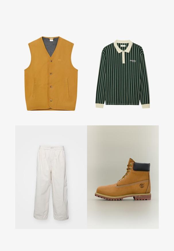 Gilet sans manches jaune moutarde avec boutons sur le devant, deux poches fendues verticales et une doublure intérieure grise, taille XL.; Polo à manches longues vert foncé avec des rayures verticales blanches. Équipé d'un col beige, d'une patte de boutonnage à trois boutons et d'un logo brodé.; Pantalons larges en coton blanc avec une taille élastique, dotés d'une fermeture à bouton sur le devant et de poches latérales. Texture lisse et design minimaliste.; Bottine en cuir marron avec col noir, lacets jaunes et semelle beige. Présente un logo et des détails de couture blanche. Semelle extérieure à traction robuste.