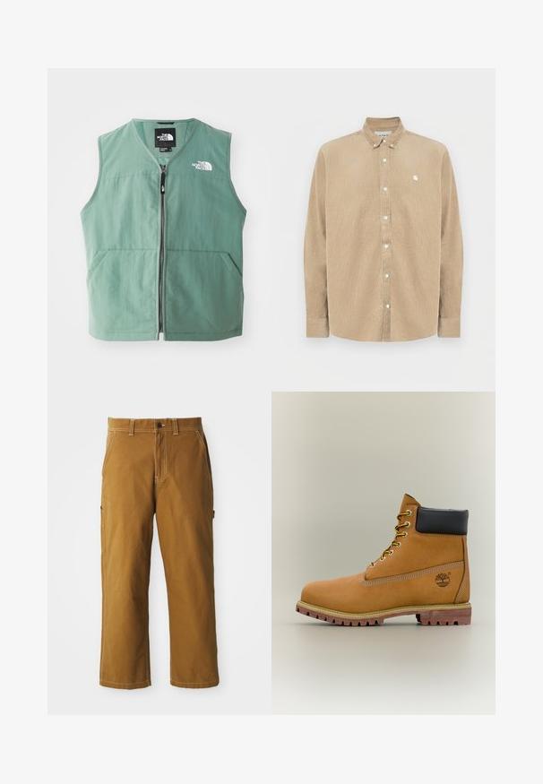 Grøn ærmeløs vest med lynlås foran, to forlommer og et logo på venstre bryst. Fremstillet af letvægtsstof med mat finish.; Beige fløjlsbukse-skjorte med knapper og krave, hvide knapper og en lille logo på venstre bryst. Har lange ærmer og en lige snit.; Brune bomuldsbukser med lige pasform, forstærkede sømme og sidelommer. Har en knaplukning og bæltestropper i taljen.; Brun læderankelstøvle med sort krave, gule snørebånd og tanfarvet sål. Har logo og hvide syninger som detalje. Robust ydersål med greb.