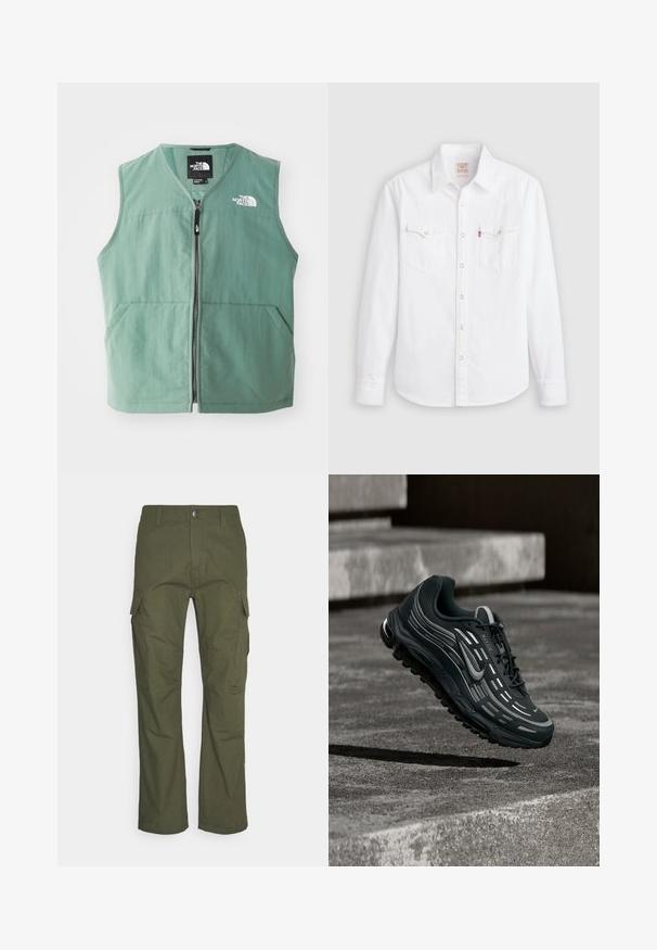 Groene mouwloze vest met een rits aan de voorkant, twee voorzakken en een logo op de linkerkant van de borst. Gemaakt van lichtgewicht stof met een matte afwerking.; Witte, lange mouwen, overhemd met knopen, puntige kraag, twee borstzakken met kleppen, en drukknoopsluiting aan de voorkant en manchetten.; Cargo-broek in donkergroen olijf, met meerdere zijzakken, een rechte pasvorm en een duurzame stof met een gestructureerde afwerking.; Zwarte en grijze Nike Air Max sneaker zwevend boven grijze betonnen trappen met een gestructureerde achtergrond van de grond.