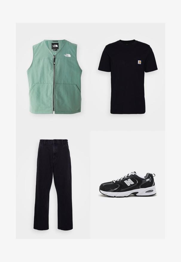 Grøn ærmeløs vest med lynlås foran, to forlommer og et logo på venstre bryst. Fremstillet af letvægtsstof med mat finish.; Sort bomulds T-shirt med korte ærmer, rund hals og en brystlomme, der har et lille, kvadratisk logo-patch. Enkel, ensfarvet design.; Sorte denimbukser med lige ben, der har en knap- og lynlåslukning, bæltestropper og minimale syninger.; Sorte og grå sportssko med mesh og ruskind på overdelen, der har en hvid mellemsål, snørebånd og et iøjnefaldende "N" logo på siden.
