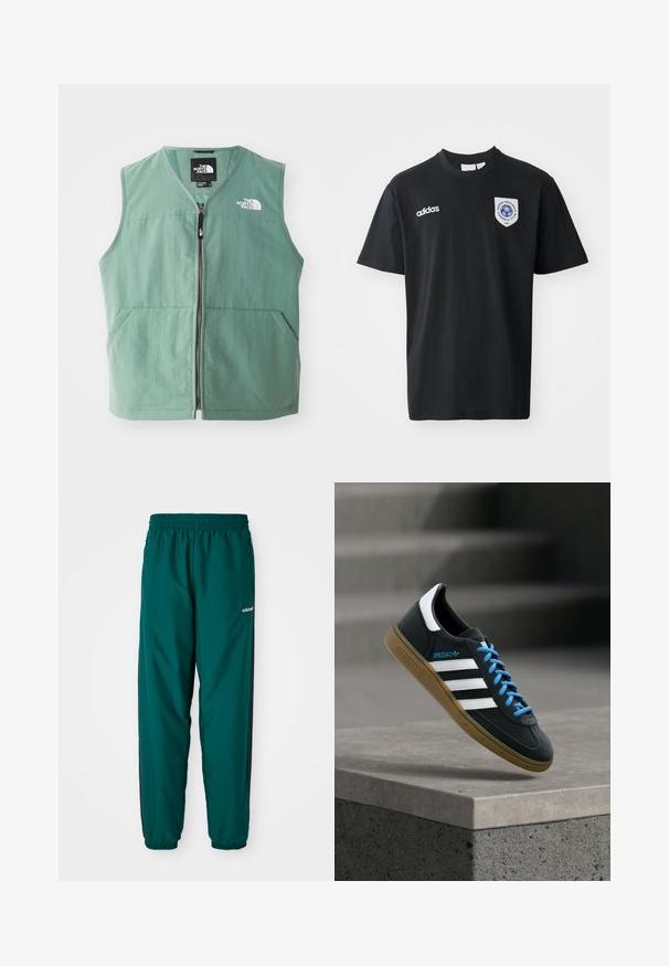Grøn ærmeløs vest med lynlås foran, to forlommer og et logo på venstre bryst. Fremstillet af letvægtsstof med mat finish.; Sort kortærmet t-shirt lavet af bomuld, med rund hals. Indeholder hvidt Adidas-logo og et mærke med et blåt emblem på venstre bryst.; Grønne atletiske bukser lavet af letvægtsstof, med elastisk talje, sidelommer og sorte sidelister. Adidas-logoet er synligt.; Sort Adidas sneaker med hvide striber, blå snørebånd og gummisål, der svæver over gråt betontrin i blødt lys.