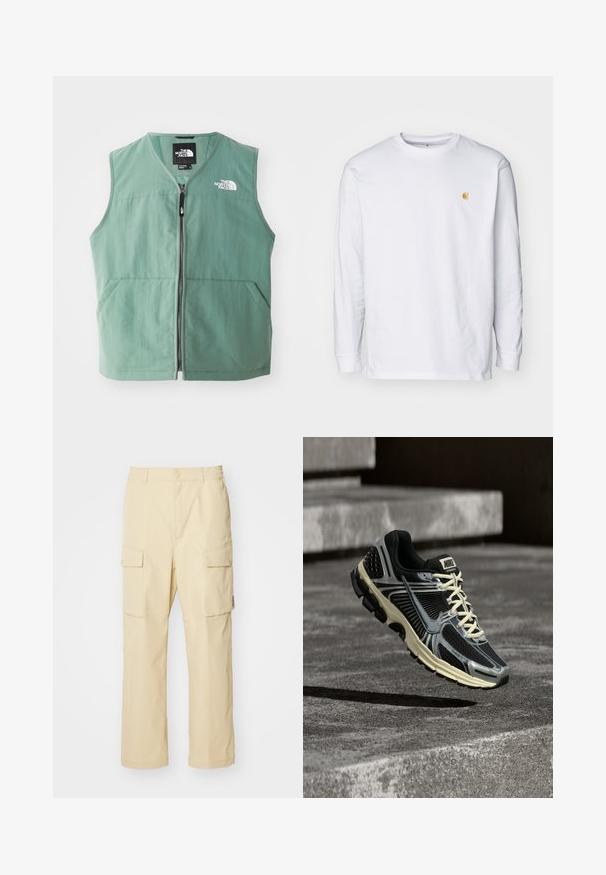 Grøn ærmeløs vest med lynlås foran, to forlommer og et logo på venstre bryst. Fremstillet af letvægtsstof med mat finish.; Hvid langærmet t-shirt lavet af bomuld. Har et lille gyldent logo på brystet og en rund halsudskæring. Enkel design og standard pasform.; Beige cargo bukser lavet af stof med elastisk talje og knaplukning. Har to sidelommer og et enkelt design.; Sort og grå Nike-løbesko med cremefarvede snørebånd, der svæver over en tekstureret betonoverflade.