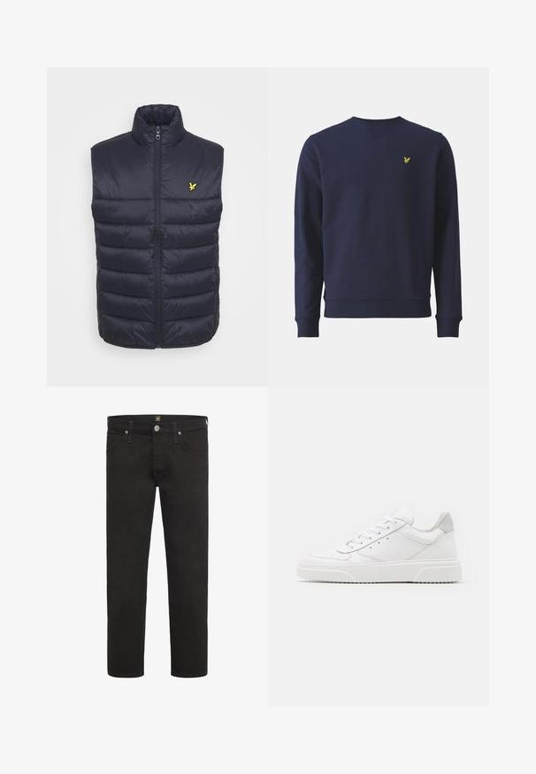 Marineblå polstret vest med høj krave, frontlynlås og vandret syninger. Har et lille gult logo på venstre brystområde.; Marineblå sweatshirt lavet af blødt stof, med rund hals, ribbede ærmer og et lille gult broderet logo på brystet.; Sorte straight-leg jeans med knap- og lynlås-lukning, for- og baglommer samt bæltestropper, fra mærket Lee.; Hvide lædersneakers med en glat finish, rund tå, flade snørebånd og en struktureret sål. Grå ruskindsdetalje ved hælen.