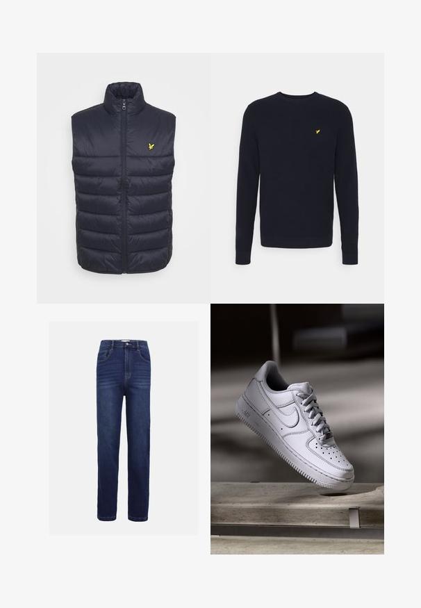 Marineblå polstret vest med høj krave, frontlynlås og vandret syninger. Har et lille gult logo på venstre brystområde.; Mørkeblå strikket sweater med lange ærmer og rund halsudskæring. Har et lille gult logo på brystet. Struktureret stof.; Mørkeblå denim jeans med lige ben-design, fem lommer, knaplukning og subtile vandrette syninger.; Hvid læder Nike Air Force 1 sneaker med perforeret tå, flade snørebånd og tekstureret gummisål med "AIR" branding på siden.