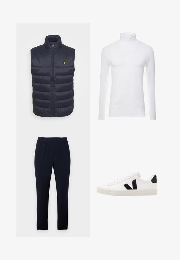Marineblå polstret vest med høj krave, frontlynlås og vandret syninger. Har et lille gult logo på venstre brystområde.; Hvid langærmet turtleneck skjorte lavet af blødt, strækbart materiale. Har en høj krave og et tætsiddende design, som giver en strømlinet silhuet.; Marineblå bukser lavet af blødt stof, med elastisk talje, slim fit og lige ben-design uden lommer eller udsmykninger.; Hvide lædersneakers med sorte ruskindsdetaljer; har en gummisål, rund tå og klassisk snørebåndsdesign. Side logo i sort.