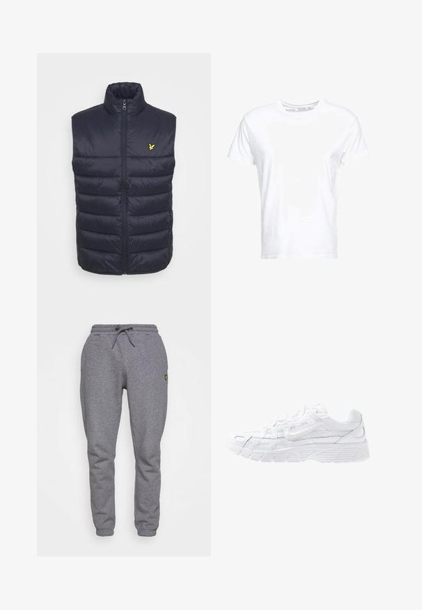 Marineblauwe gewatteerde vest met hoge kraag, eenrits aan de voorkant en horizontale stiksels. Bevat een klein geel logo op de linkerborst.; Witte katoenen t-shirt met een ronde hals en korte mouwen, in een klassiek model met een gladde textuur. Geen patronen of hardware zichtbaar.; Grijze katoenen sweatpants met een elastische tailleband, koord, zijzakken en een klein geel logo op de dij. Tapered leg ontwerp.; Nike Sportswear P 6000 - Sneakers laag - white/platinum tint
